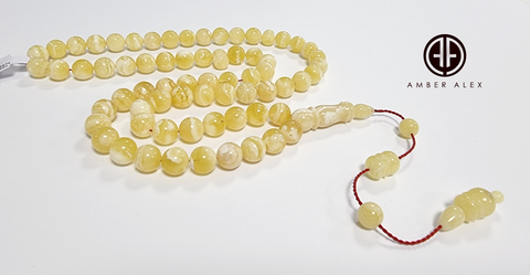 Yellow With White Amber Round Shape 9 mm Islamic Prayer Beads