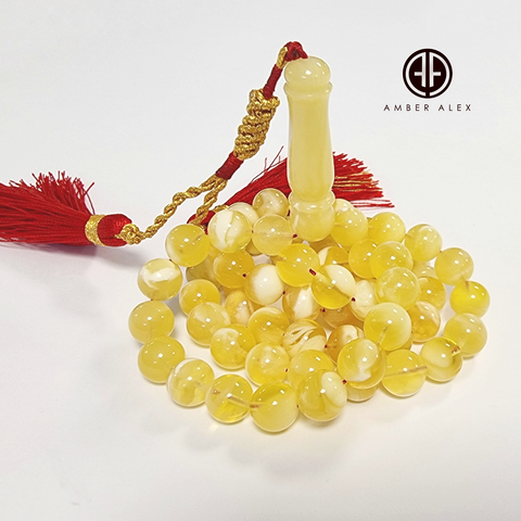 Yellow with White Amber Round Shape 8 mm Islamic Prayer Beads