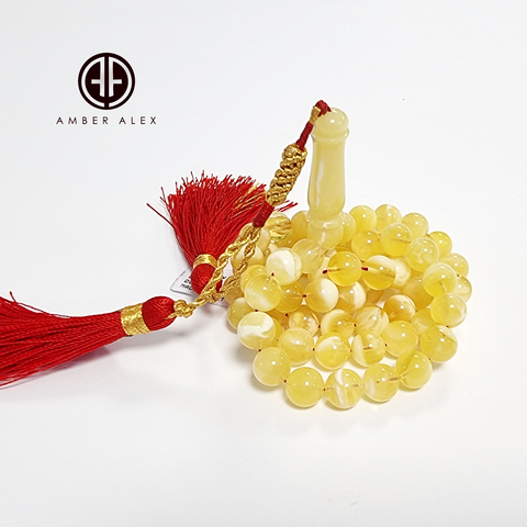 Yellow with White Amber Round Shape 8 mm Islamic Prayer Beads