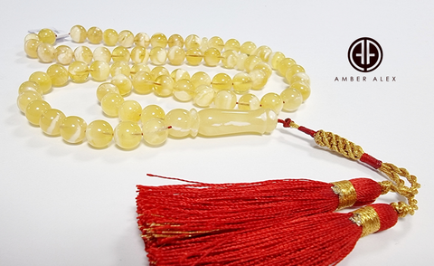 Yellow with White Amber Round Shape 8 mm Islamic Prayer Beads