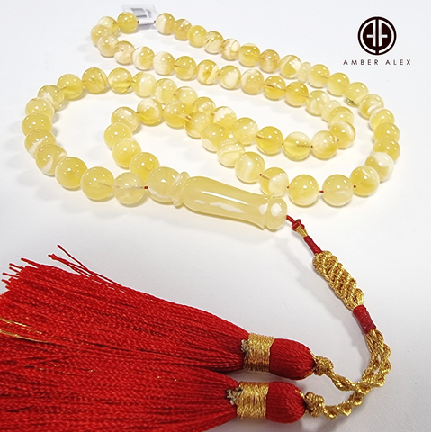 Yellow with White Amber Round Shape 8 mm Islamic Prayer Beads