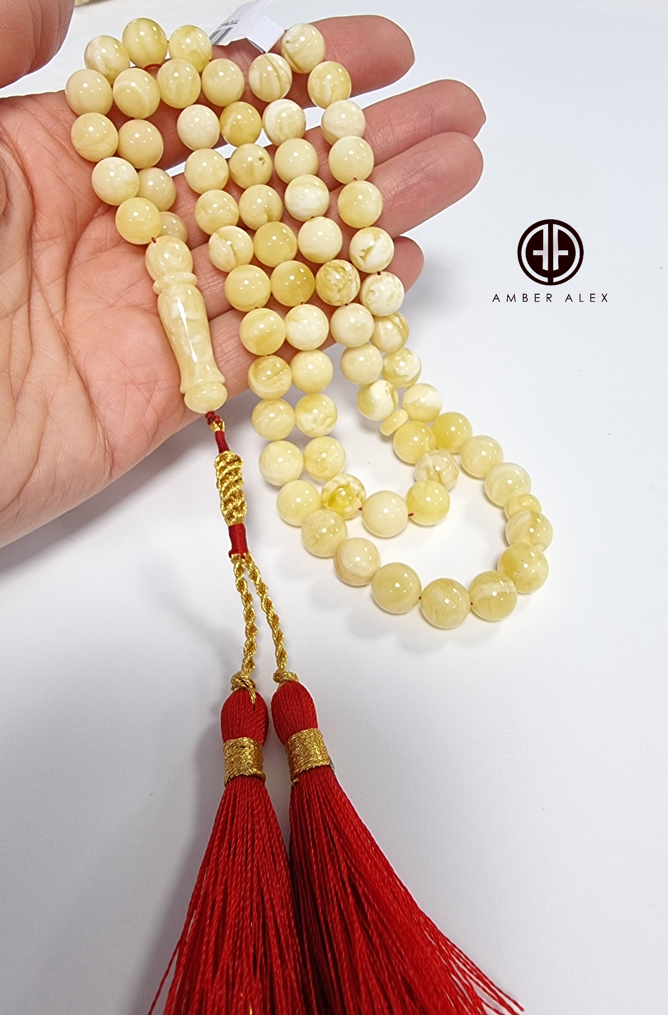 Yellow With White Amber Round Shape 9 mm Islamic Prayer Beads