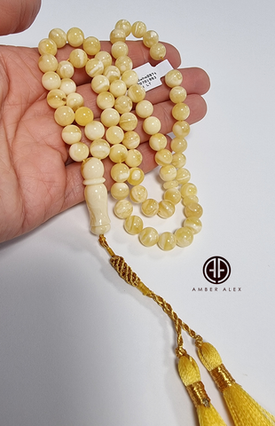 Yellow With White Amber Round Shape 8 mm Islamic Prayer Beads