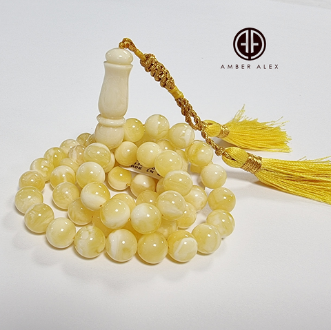 Yellow With White Amber Round Shape 8 mm Islamic Prayer Beads