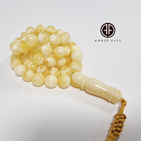 Yellow With White Amber Round Shape 8 mm Islamic Prayer Beads