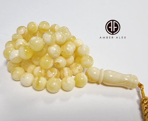 Yellow With White Amber Round Shape 8 mm Islamic Prayer Beads