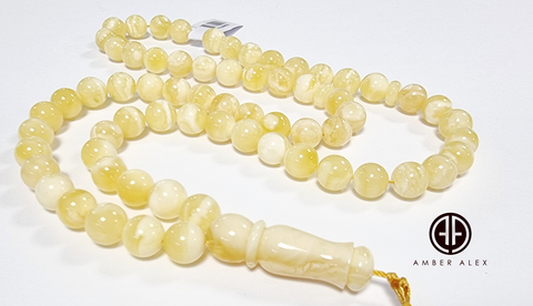 Yellow With White Amber Round Shape 8 mm Islamic Prayer Beads