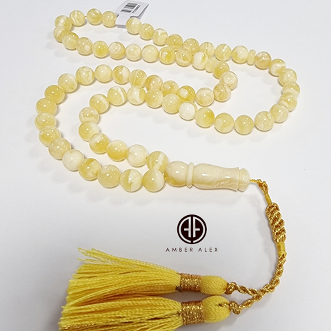 Yellow With White Amber Round Shape 8 mm Islamic Prayer Beads