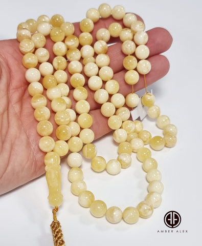 Yellow with White Amber Round Shape 8 mm Islamic Prayer Beads