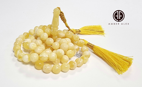 Yellow with White Amber Round Shape 8 mm Islamic Prayer Beads