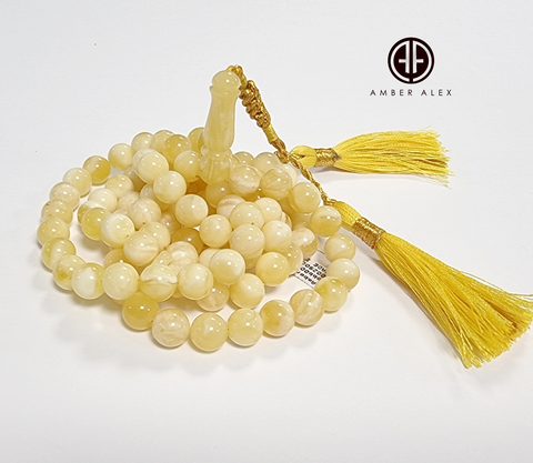 Yellow with White Amber Round Shape 8 mm Islamic Prayer Beads