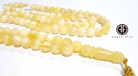 Yellow with White Amber Round Shape 8 mm Islamic Prayer Beads