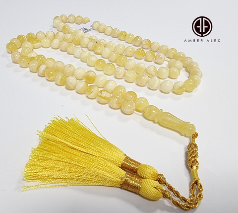 Yellow with White Amber Round Shape 8 mm Islamic Prayer Beads