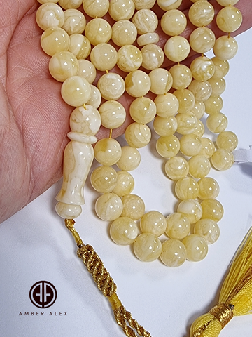 Yellow With White Amber Round Shape 8 mm Islamic Prayer Beads