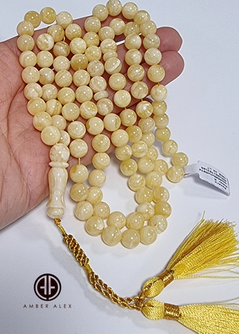 Yellow With White Amber Round Shape 8 mm Islamic Prayer Beads