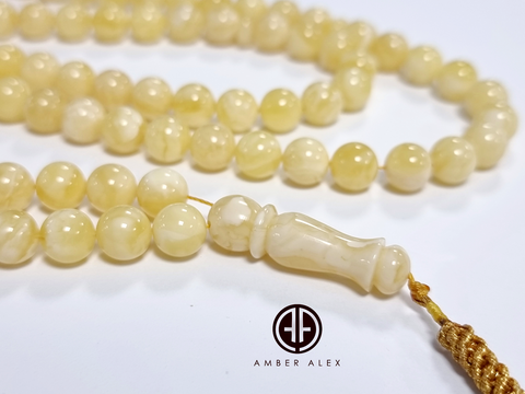 Yellow With White Amber Round Shape 8 mm Islamic Prayer Beads