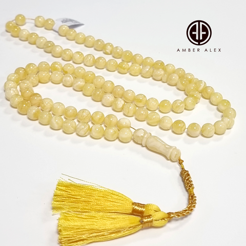 Yellow With White Amber Round Shape 8 mm Islamic Prayer Beads