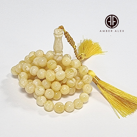 Yellow With White Amber Round Shape 8 mm Islamic Prayer Beads