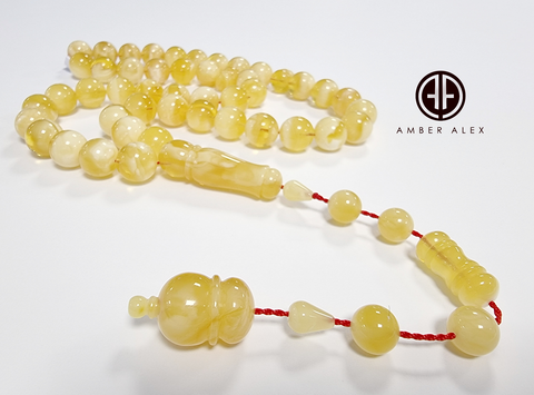 Yellow With White Amber Round Shape 13mm Islamic Prayer Beads