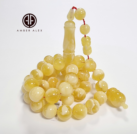 Yellow With White Amber Round Shape 13mm Islamic Prayer Beads