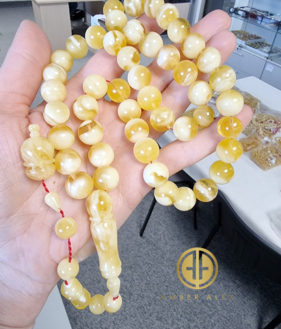 Yellow With White Amber Round Shape 13mm Islamic Prayer Beads