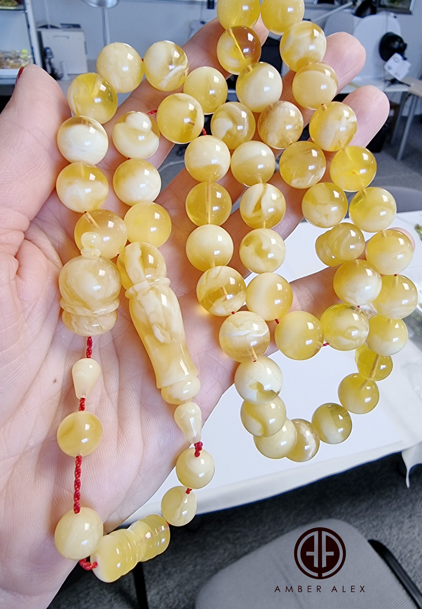 Yellow With White Amber Round Shape 13mm Islamic Prayer Beads