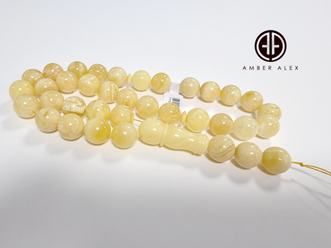 Yellow With White Amber Round Shape 13.5 mm Islamic Prayer Beads