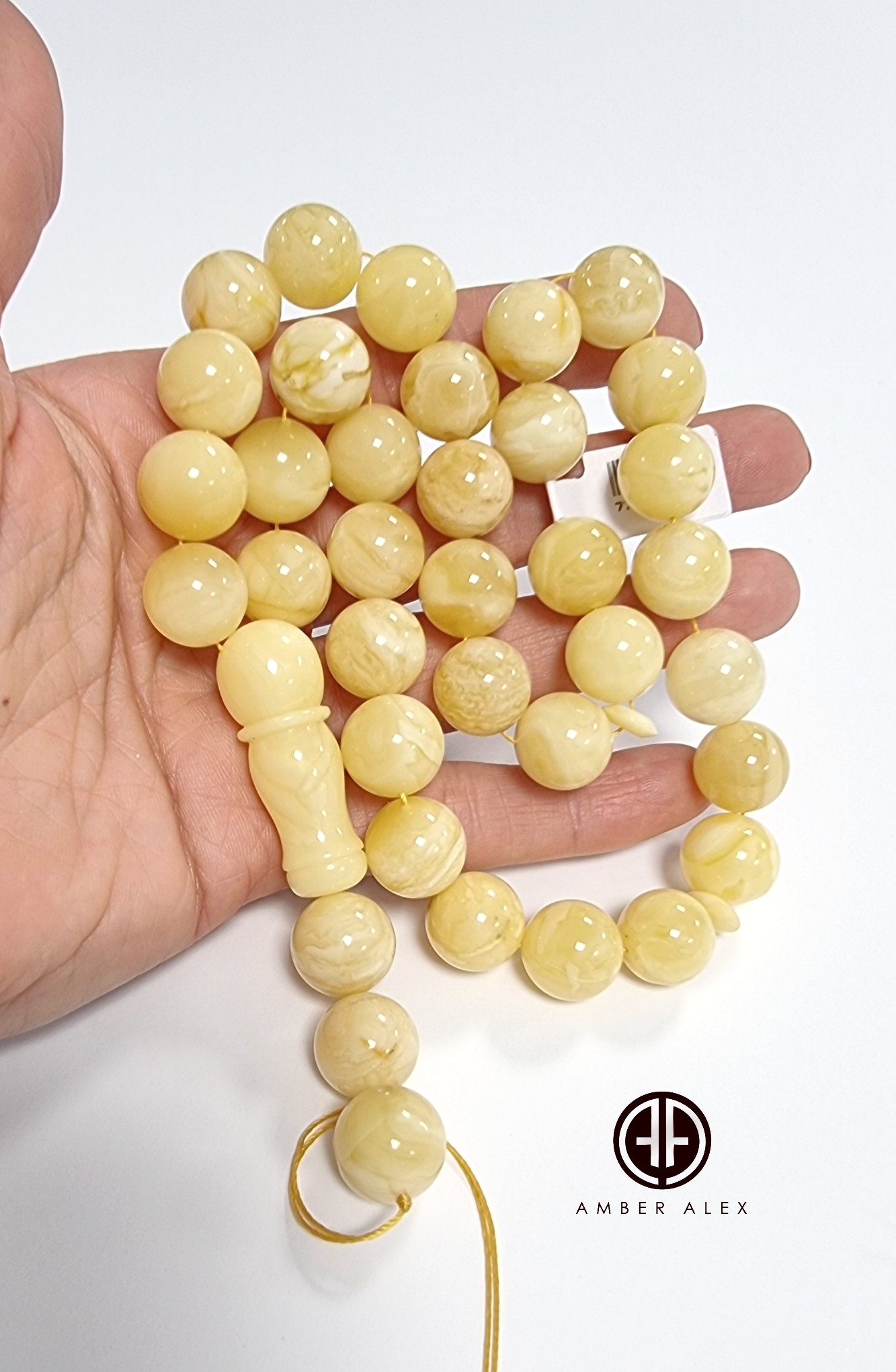 Yellow With White Amber Round Shape 13.5 mm Islamic Prayer Beads