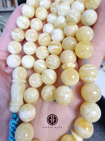 White With Yellow Amber Round Shape 11 mm Islamic Prayer Beads