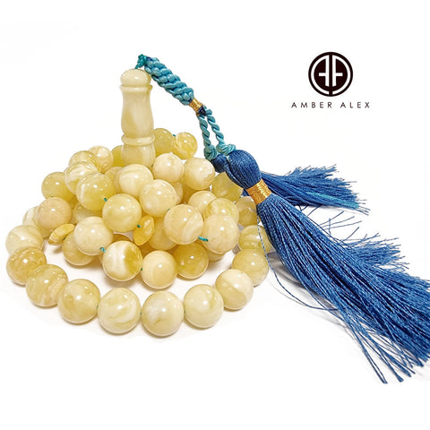 White With Yellow Amber Round Shape 11 mm Islamic Prayer Beads