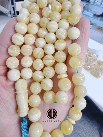 White With Yellow Amber Round Shape 11 mm Islamic Prayer Beads