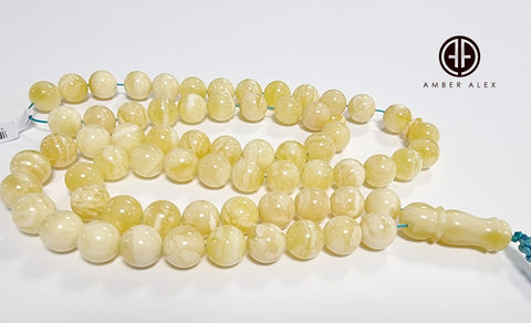 White With Yellow Amber Round Shape 11 mm Islamic Prayer Beads