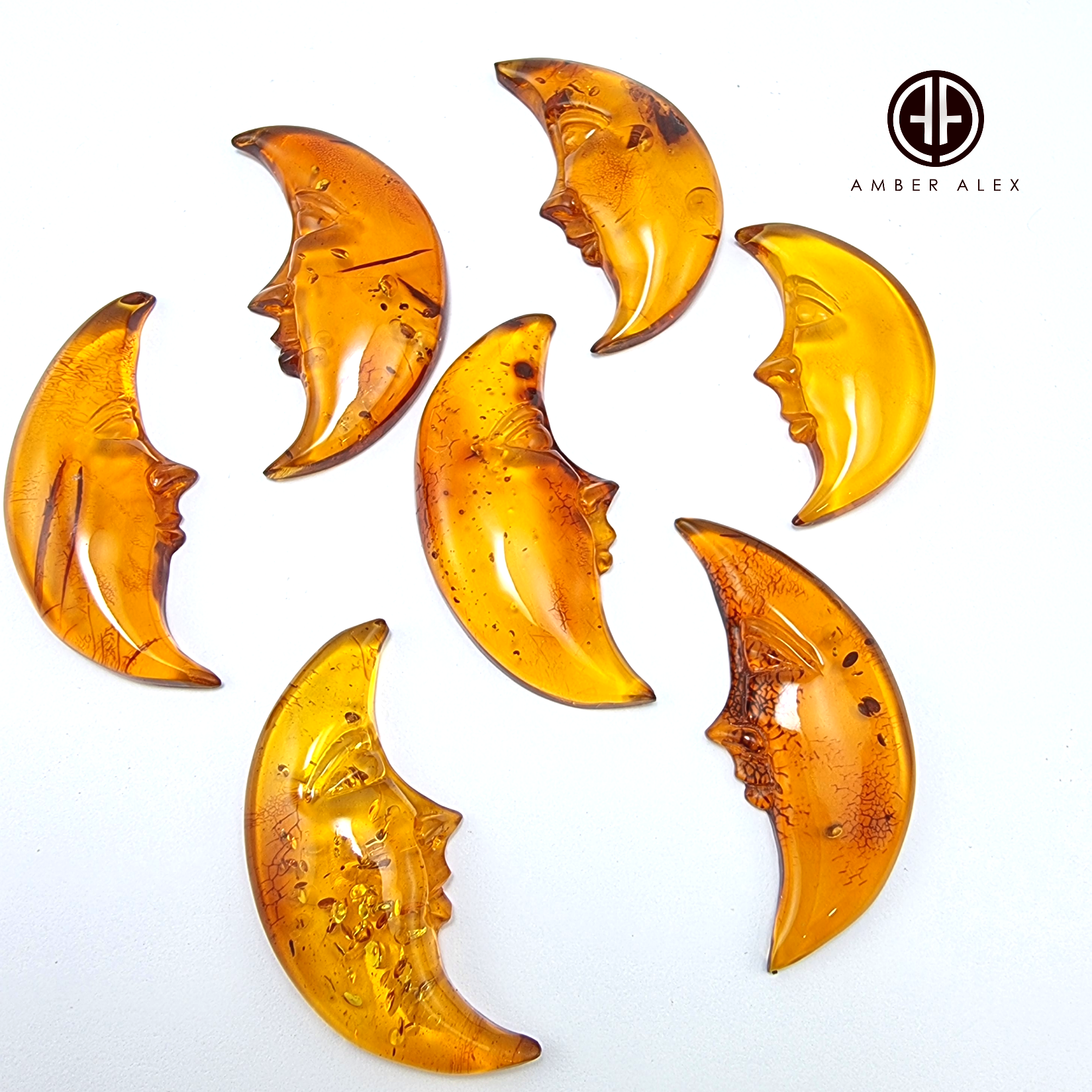 Cognac Amber Carved Moon Cabochons