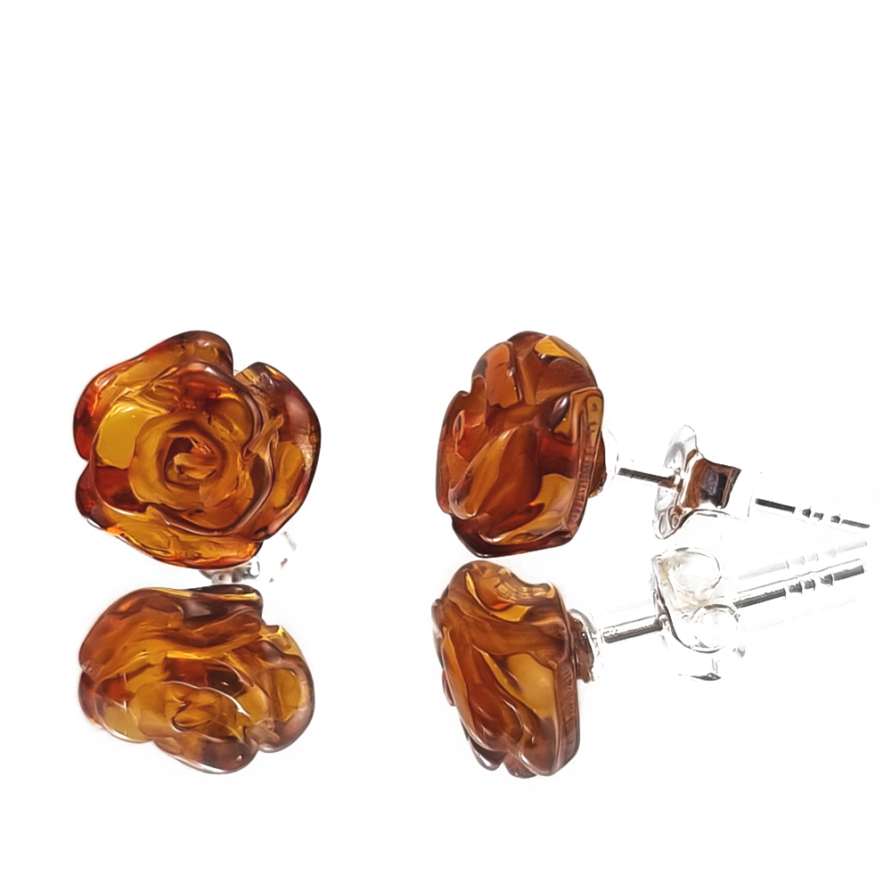 Cognac Amber Carved Rose Stud Earrings Sterling Silver