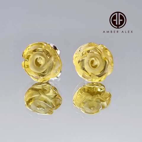 Lemon Amber Carved Rose Stud Earrings Sterling Silver