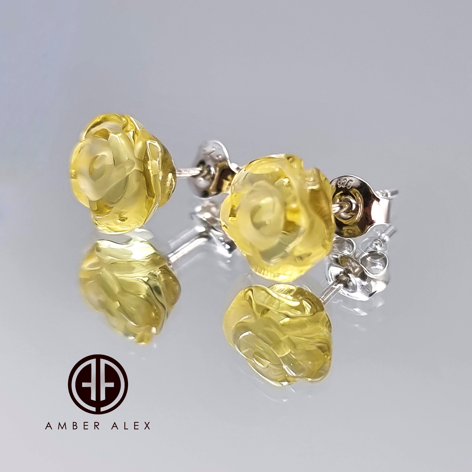 Lemon Amber Carved Rose Stud Earrings Sterling Silver