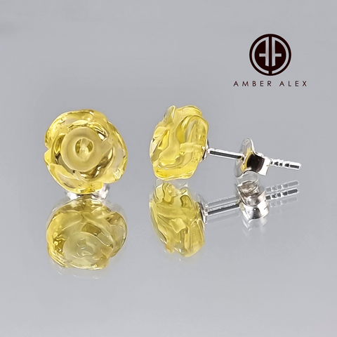 Lemon Amber Carved Rose Stud Earrings Sterling Silver