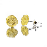 Lemon Amber Carved Rose Stud Earrings Sterling Silver
