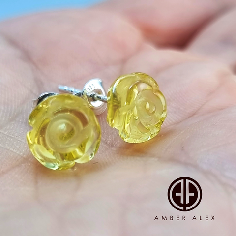 Lemon Amber Carved Rose Stud Earrings Sterling Silver