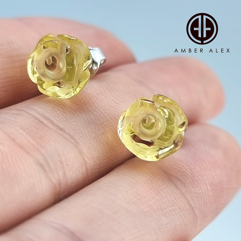 Lemon Amber Carved Rose Stud Earrings Sterling Silver