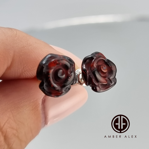 Cherry Amber Carved Rose Stud Earrings Sterling Silver