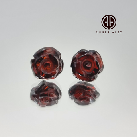 Cherry Amber Carved Rose Stud Earrings Sterling Silver