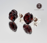 Cherry Amber Carved Rose Stud Earrings Sterling Silver