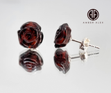 Cherry Amber Carved Rose Stud Earrings Sterling Silver