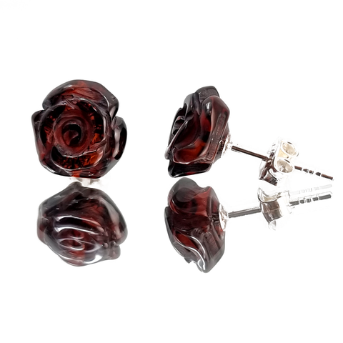 Cherry Amber Carved Rose Stud Earrings Sterling Silver