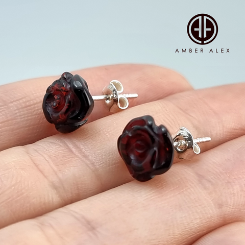 Cherry Amber Carved Rose Stud Earrings Sterling Silver