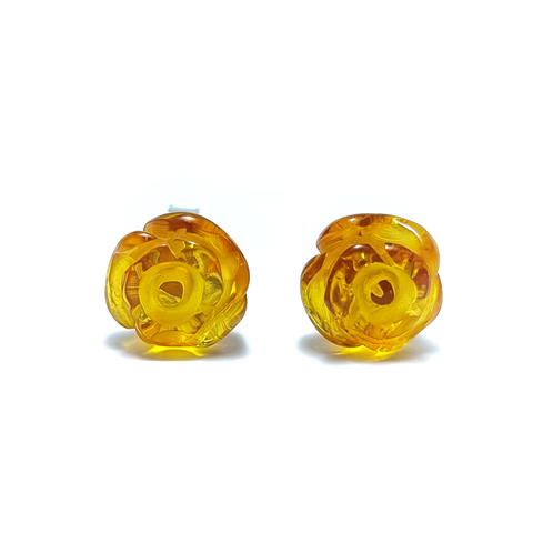 Light Cognac Amber Carved Rose Stud Earrings Sterling Silver