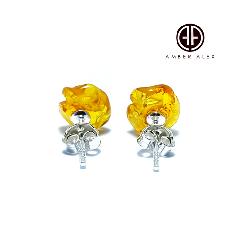 Light Cognac Amber Carved Rose Stud Earrings Sterling Silver