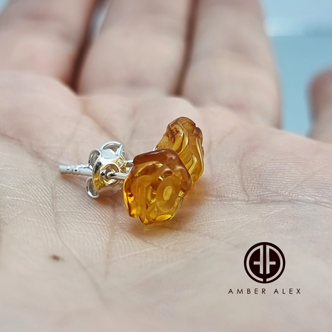 Light Cognac Amber Carved Rose Stud Earrings Sterling Silver