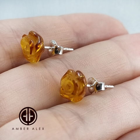 Light Cognac Amber Carved Rose Stud Earrings Sterling Silver